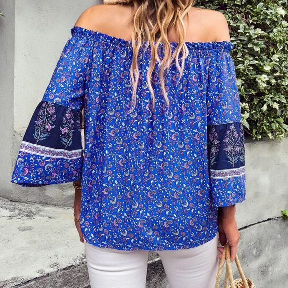 Off the shoulder 3/4 sleeve tassel paisley floral print boho top blouse - Picture 4 of 6